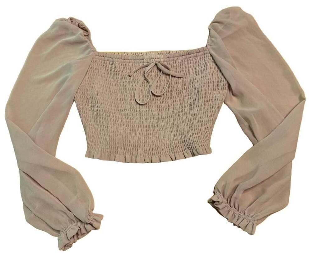 Wilfred Tempest Blouse Size M Pink Chiffon Smocked Long Sleeve Crop Top